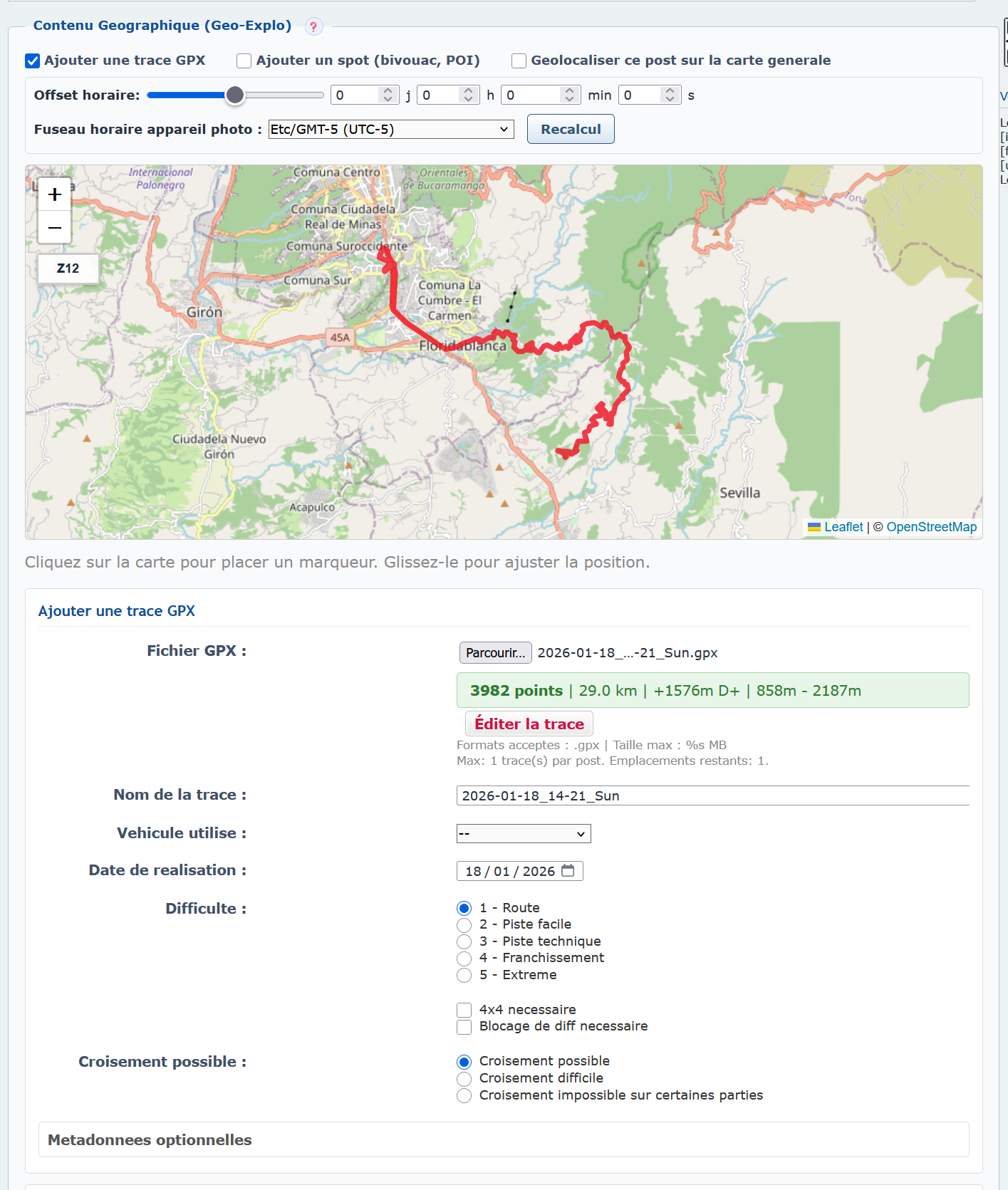 Section Trace GPX dépliée avec aperçu carte et stats