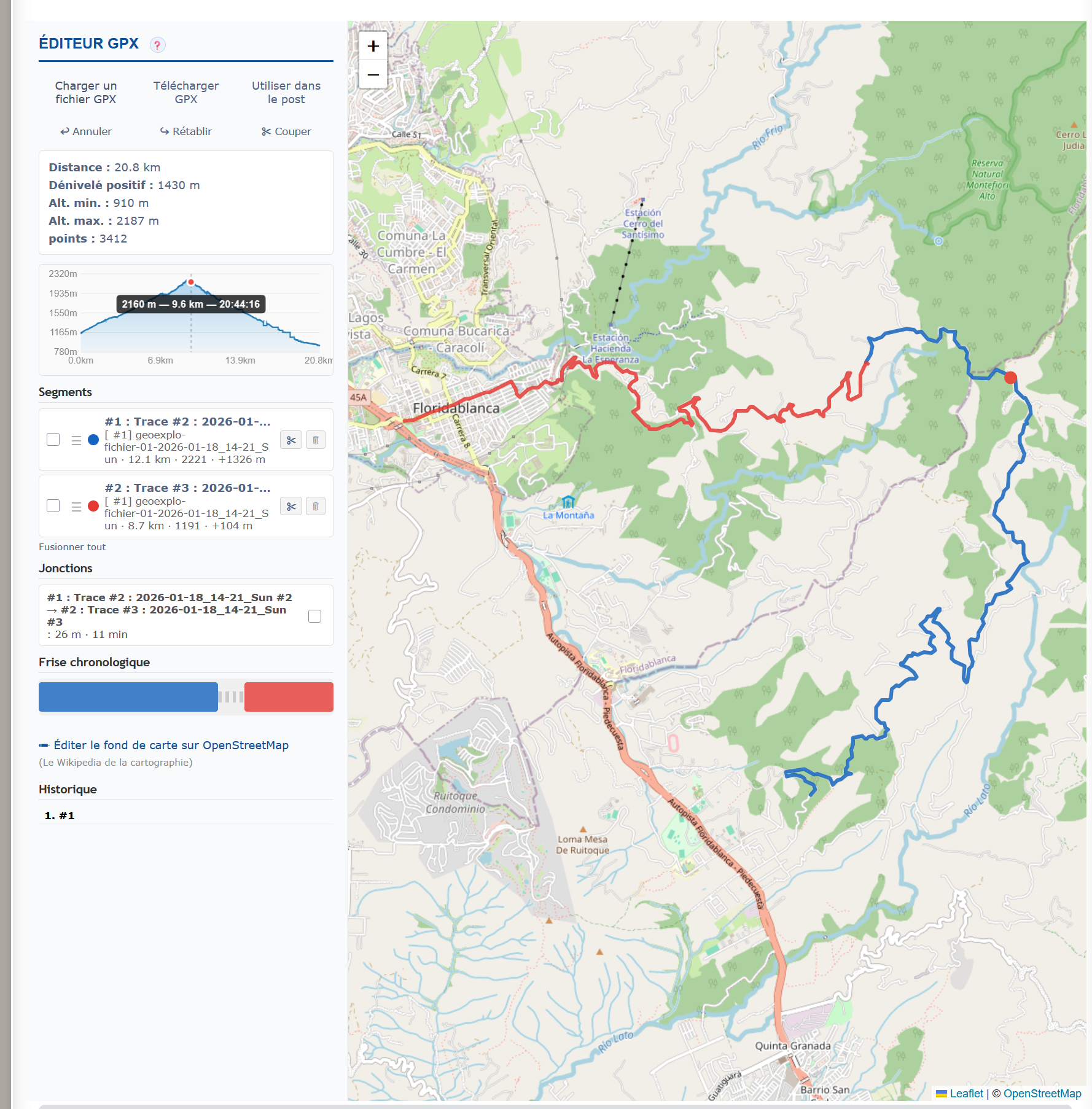 Vue d'ensemble de l'éditeur GPX avec carte, liste segments et profil