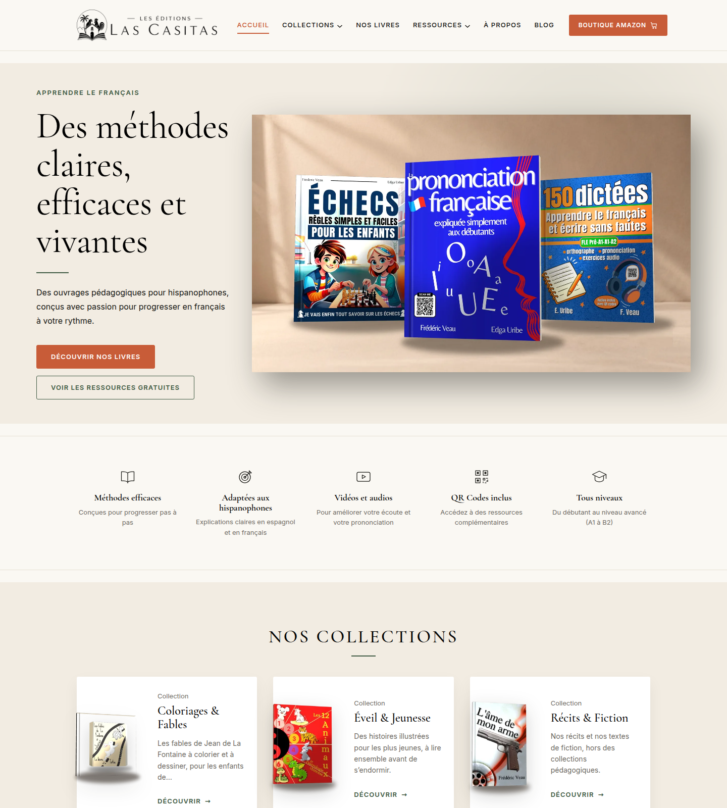 Page d'accueil du site editionslascasitas.com avec un bandeau montrant trois manuels de français en perspective 3D